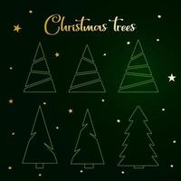 Christmas Trees - set of 6 green outline icons. Merry Christmas and Happy New Year 2022. Vector illustration.