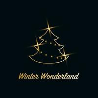 Sparkling Christmas Tree with shiny dust. Golden metallic outline icon on a dark blue background. Merry Christmas and Happy New Year 2022. Golden Metallic. Vector illustration. Winter Wonderland.