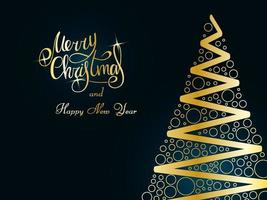 Handwritten golden lettering on a dark blue background. Magic golden Christmas tree made of ribbon and circles. Merry Christmas and Happy New Year 2022. vector