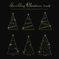 Sparkling Christmas Tree. Green metallic set of 6 icons with dust. Merry Christmas and Happy New Year 2022. Vector illustration.