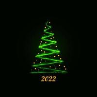 Magic glowing green Christmas tree with yellow snowflakes and numbers on a dark background. Merry Christmas and Happy New Year 2022. Vector illustration.