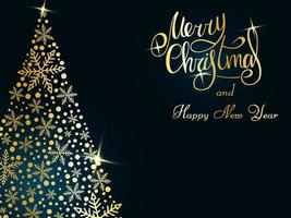 letras doradas manuscritas sobre un fondo azul oscuro. mágico árbol de navidad dorado de copos de nieve. feliz navidad y próspero año nuevo 2022. vector