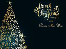 Handwritten golden lettering on a dark blue background. Magic golden Christmas tree of snowflakes. Merry Christmas and Happy New Year 2022. vector