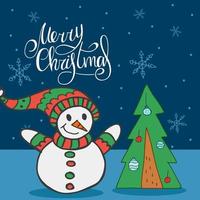 un muñeco de nieve con un sombrero rojo y verde y una bufanda en el fondo de la caída de los copos de nieve y el árbol de Navidad con juguetes. letras escritas a mano - feliz navidad. feliz año nuevo 2022. doodle dibujado a mano. vector