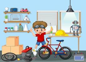 A boy fixing a bicycle in the room scene vector