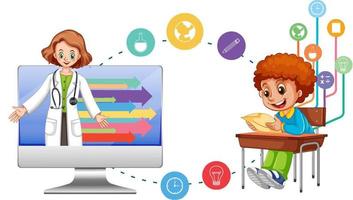 School boy with computer and education icons vector