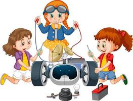 Children fixing a robot together on white background vector