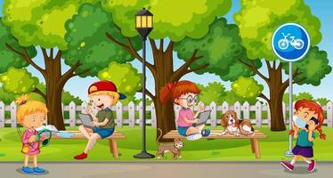 Park scene with children using technology devices vector