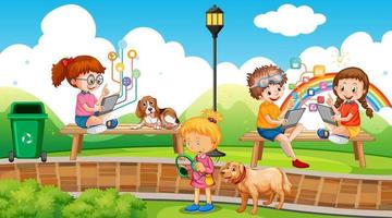 Park scene with children using technology devices vector