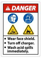 Warning Sign Wear Face Shield, Turn Off Charger, Wash Acid Spills Immediately vector