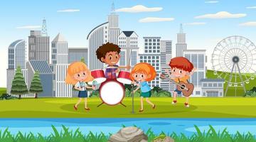 Scene with many children playing music instruments in the park vector