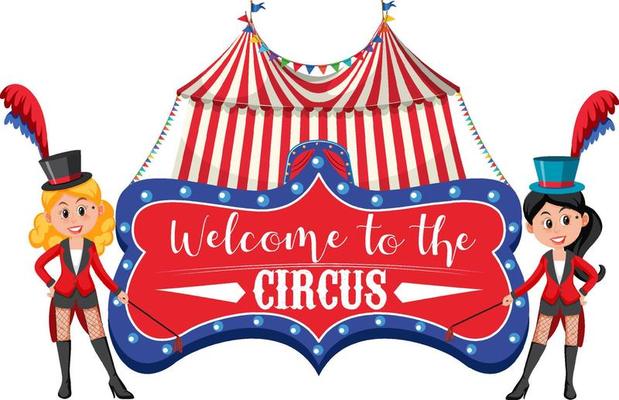 Welcome to the circus banner with magician cartoon character