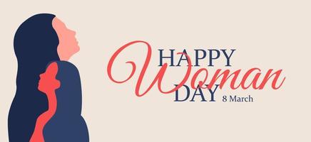 Happy Woman Day in 8 March Banner Concept Design Horizontal Card with Silhouette of Two women from side vector