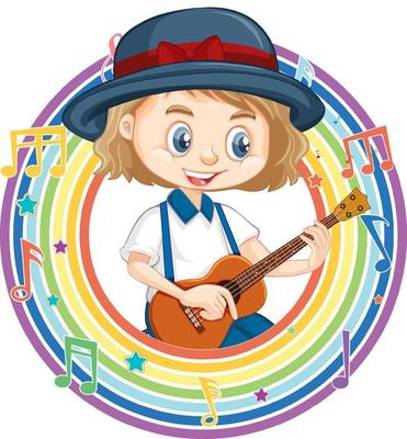 A girl playing guitar in rainbow round frame with melody symbols