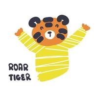 Hand drawn cute tiger in striped jumper. vector