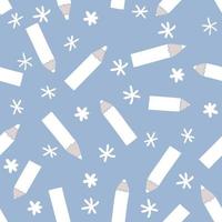 Winter vector seamless pattern with pencils and snowflakes.