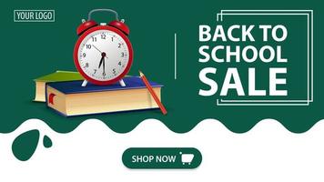 venta de regreso a la escuela, pancarta roja con libros escolares y reloj despertador vector