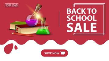 Back to school sale, red banner with books and chemical flasks vector