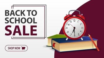 Back to school sale, white banner with school books and alarm clock