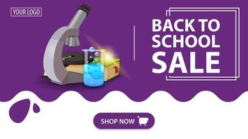 Back to school sale, red banner with microscope, books and chemical flask vector