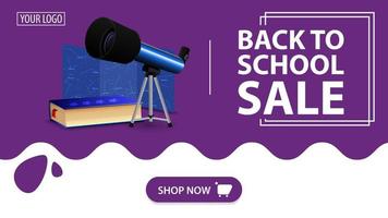 Back to school sale, red banner with telescope, map of the constellations and the encyclopedia of astronomy vector