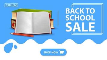 Back to school sale, red banner with school textbooks and notebook