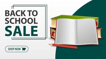 Back to school sale, white banner with school textbooks and notebook