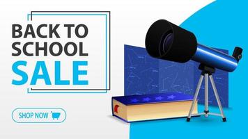 Back to school sale, white banner with telescope, map of the constellations and the encyclopedia of astronomy