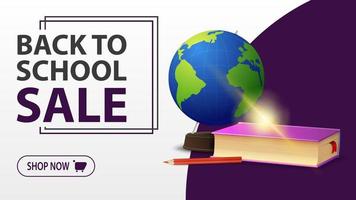 Back to school sale, white banner with globe and school textbooks vector