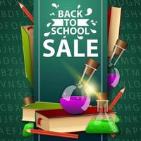 Back to school sale, green web banner with books and chemical flasks vector