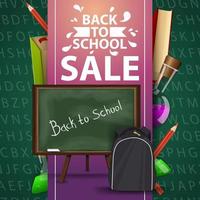 venta de regreso a la escuela, banner web verde con junta escolar y mochila escolar vector