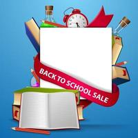 venta de regreso a la escuela, plantilla de banner web con libros de texto escolares y cuaderno vector