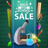 Back to school sale, green web banner with microscope, books and chemical flask