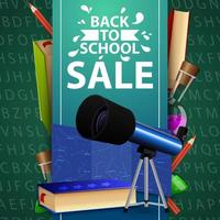 Back to school sale, green web banner with telescope, map of the constellations and the encyclopedia of astronomy vector