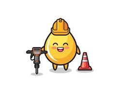 road worker mascot of honey drop holding drill machine vector