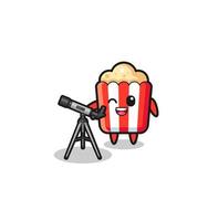 mascota de astrónomo de palomitas de maíz con un telescopio moderno vector