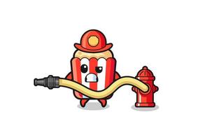 Dibujos animados de palomitas de maíz como mascota de bombero con manguera de agua vector