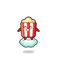 cute popcorn illustration riding a floating cloud vector