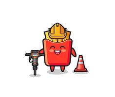 Mascota del trabajador de la carretera de papas fritas sosteniendo la máquina perforadora vector