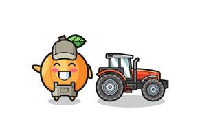 La mascota del granjero de albaricoque de pie junto a un tractor. vector