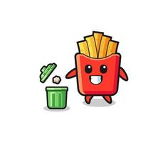 Ilustración de las papas fritas tirando basura en el bote de basura vector