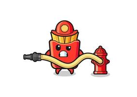 french fries cartoon as firefighter mascot with water hose vector