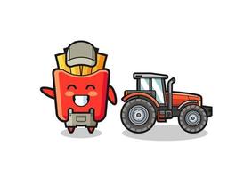 the french fries farmer mascot standing beside a tractor vector