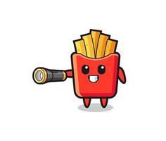 french fries mascot holding flashlight vector