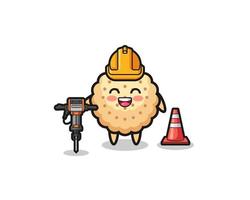 Mascota del trabajador de la carretera de galletas redondas sosteniendo la máquina perforadora vector