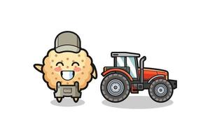 La mascota del granjero de galletas redondas de pie junto a un tractor vector