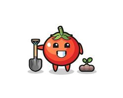 cute tomatoes cartoon is planting a tree seed