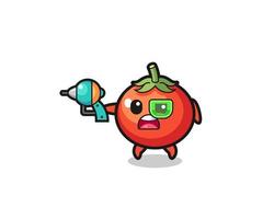 cute tomatoes holding a future gun vector
