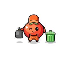 la mascota de los tomates lindos como recolector de basura. vector