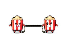 cute popcorn character is playing tug of war game vector